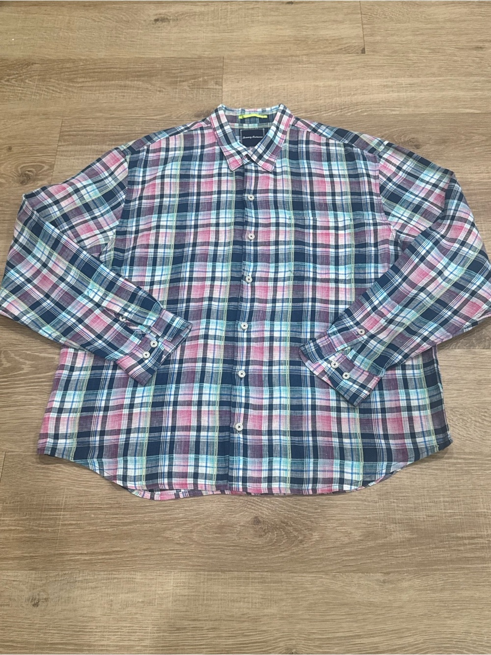 Tommy Bahama 100% Linen Plaid Button Front Shirt Men’s XXL Pink Blue Coastal